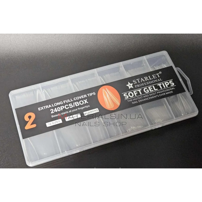 Типсы гелевые Starlet Professional Soft Gel Tips 2, 240 шт., экстра длинный стилет, прозрачные Типсы гелевые Starlet Professional Soft Gel Tips 2, 240 шт., экстра длинный стилет, прозрачные