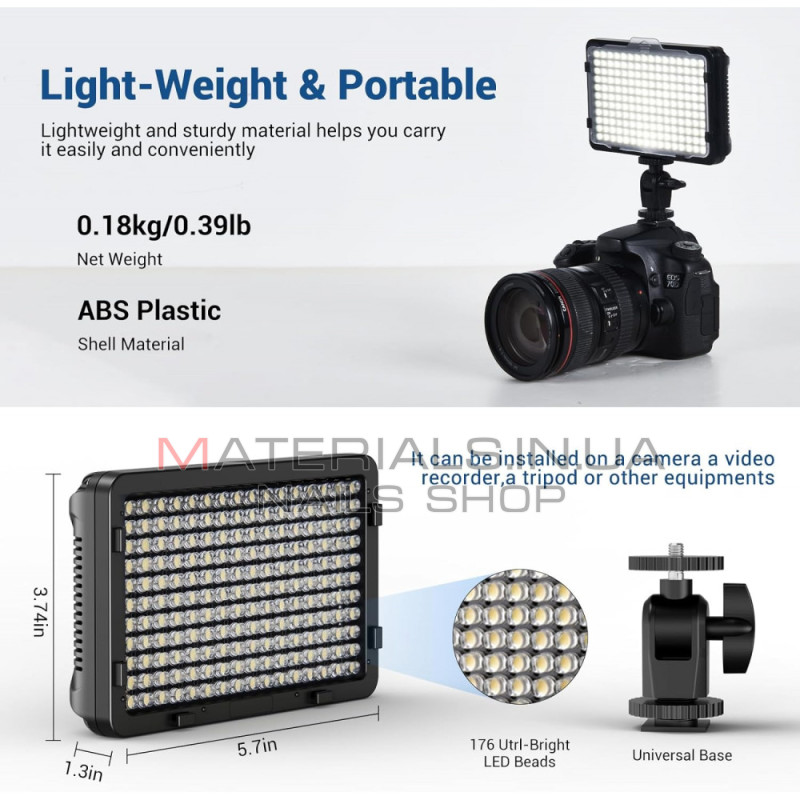 Накамерне LED-відеосвітло PT-176S, 5 кольори (11 Вт/1320LM/LED176 шт./3200 K-5600 K)LED-дисплей акумулятор NP-F550+зарядний пристрій