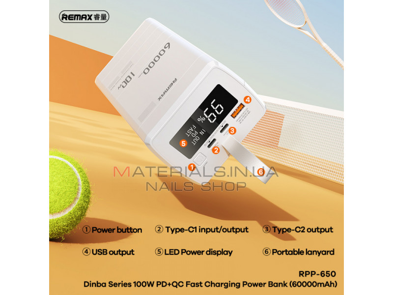 Power Bank 60000 mAh 100W— Remax RPP-650 100W PD+QC Fast charging  — White