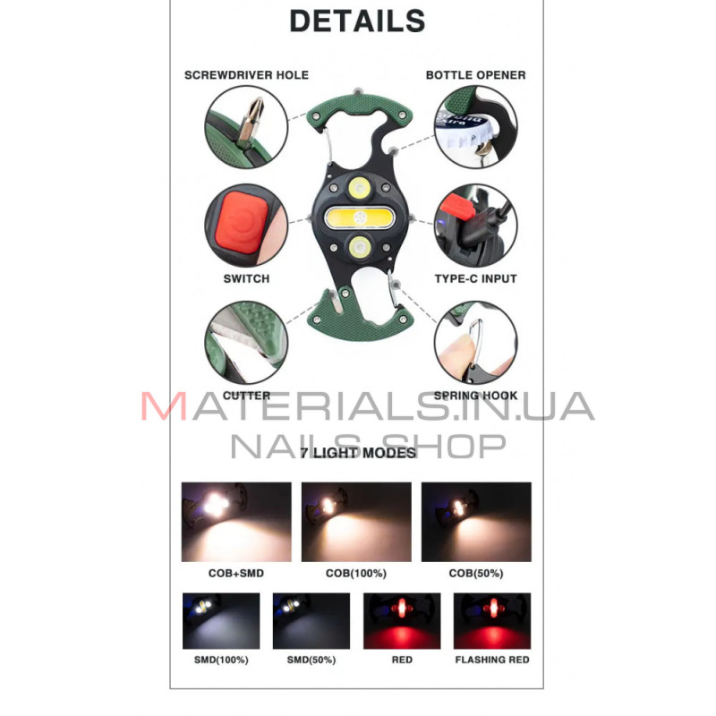 Аккумуляторный LED фонарик W5146 с Type-C (7 режимов, карабин, нож, магнит)