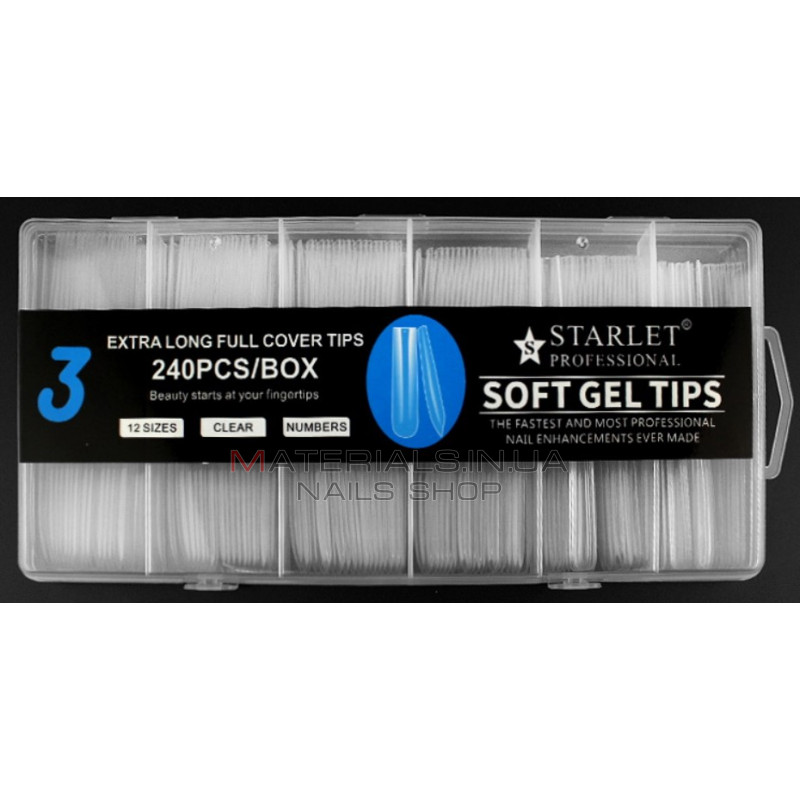 Типсы гелевые Starlet Professional Soft Gel Tips 3, 240 шт., экстра длинный квадрат, прозрачные Типсы гелевые Starlet Professional Soft Gel Tips 3, 240 шт., экстра длинный квадрат, прозрачные