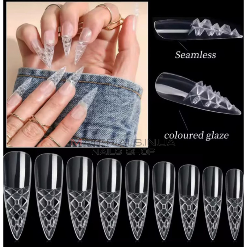 Crystal Fast Gel Tips (Stiletto Medium TS1) - типси гелеві з шипами Дизайнер 120 шт/уп