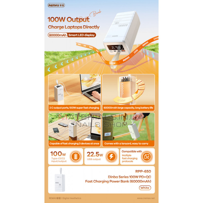 Power Bank 60000 mAh 100W— Remax RPP-650 100W PD+QC Fast charging — White Power Bank 60000 mAh 100W— Remax RPP-650 100W PD+QC Fast charging — White