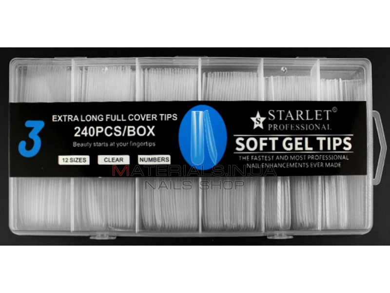 Типсы гелевые Starlet Professional Soft Gel Tips 3, 240 шт., экстра длинный квадрат, прозрачные