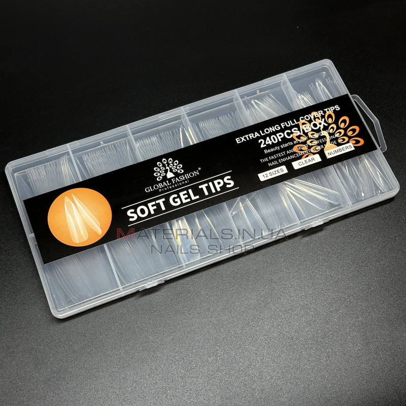 Типсы гелевые Global Fashion Soft Gel Tips 2, 240 шт., экстра длинный стилет, прозрачные Типсы гелевые Global Fashion Soft Gel Tips 2, 240 шт., экстра длинный стилет, прозрачные
