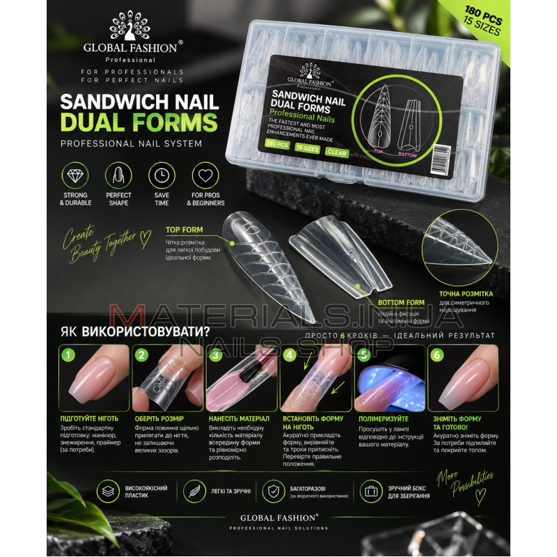 Верхні сендвіч-форми для нарощування нігтів Global Fashion, Sandwich Dual Nail Forms Stileto 180 шт