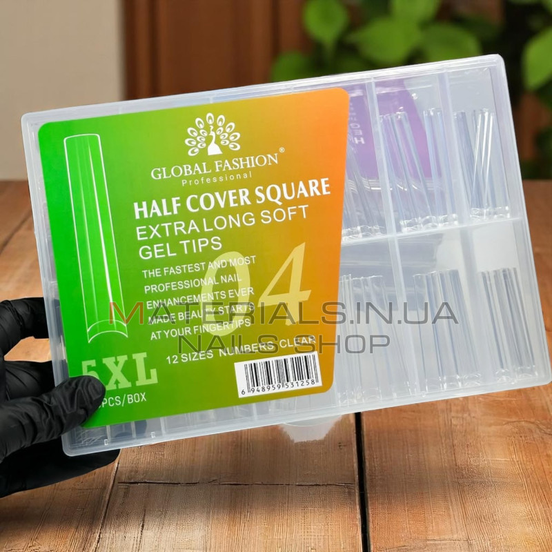 Гелеві типси Global 04 Half Cover Square Extra Long Gel Tips 5XL – 120 шт (Прозорі)