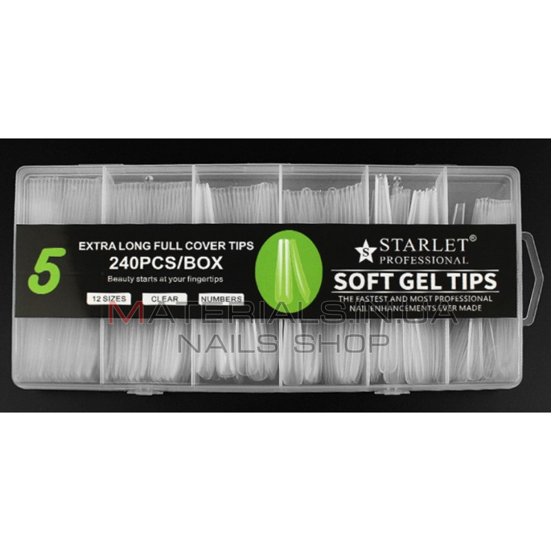 Типси гелеві Starlet Professional Soft Gel Tips 5, 240 шт., екстра довга балерина, прозорі