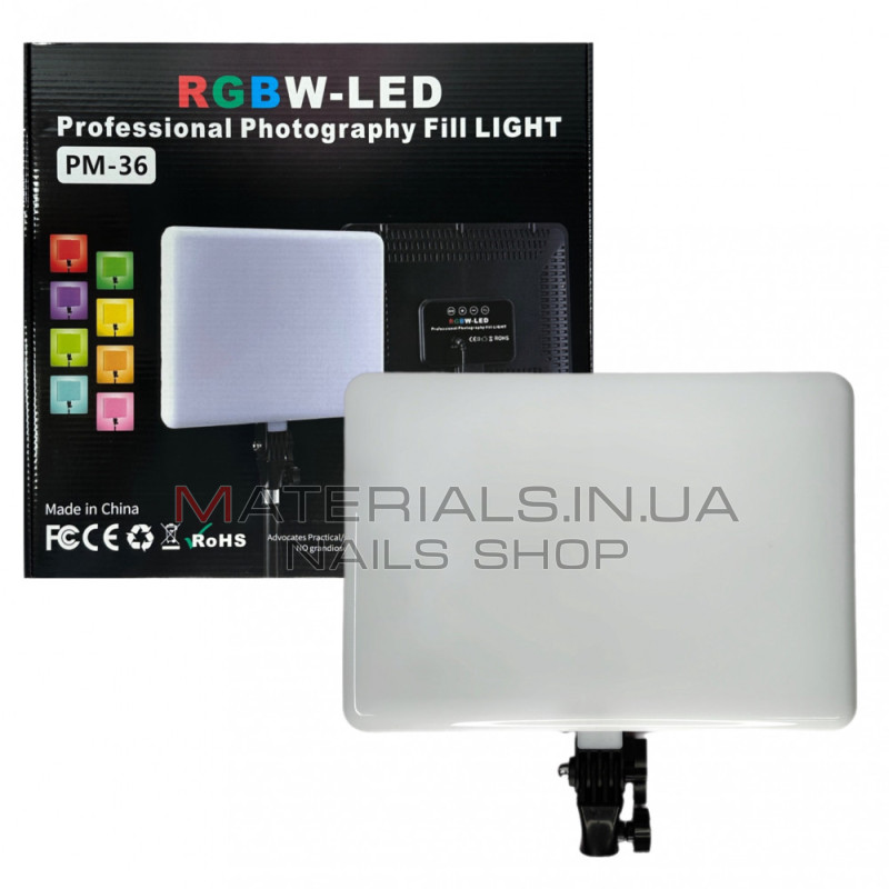 LED-відеосвітло PM-36, RGB, 36 × 25 см, 352 світлодіодів, 3000 K-6500 K, пульт ДК, адаптер